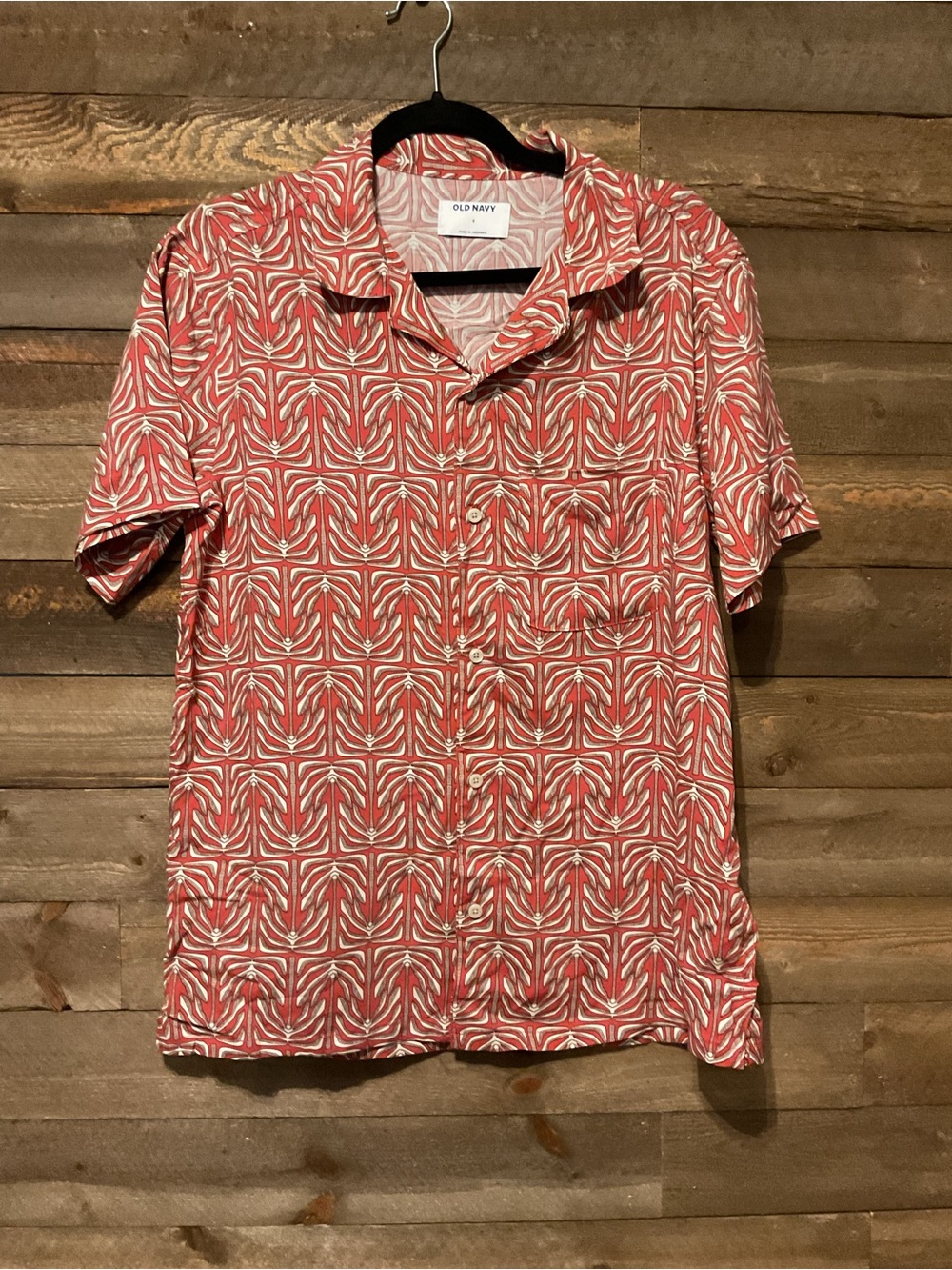 Men’s Old Navy Camp Shirt Orange And Cream Geometric Print Button Front Small
